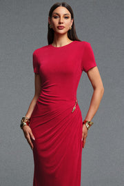 Rojo Chic Contour Short Sleeve Ruched Metal Floral Decor Knit Maxi Dress